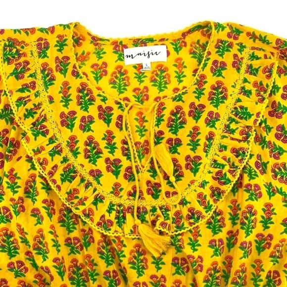 Maisie Nordstrom Yellow Floral Puff Sleeve Tie Neck Mini Dress Size Large - Picture 4 of 12